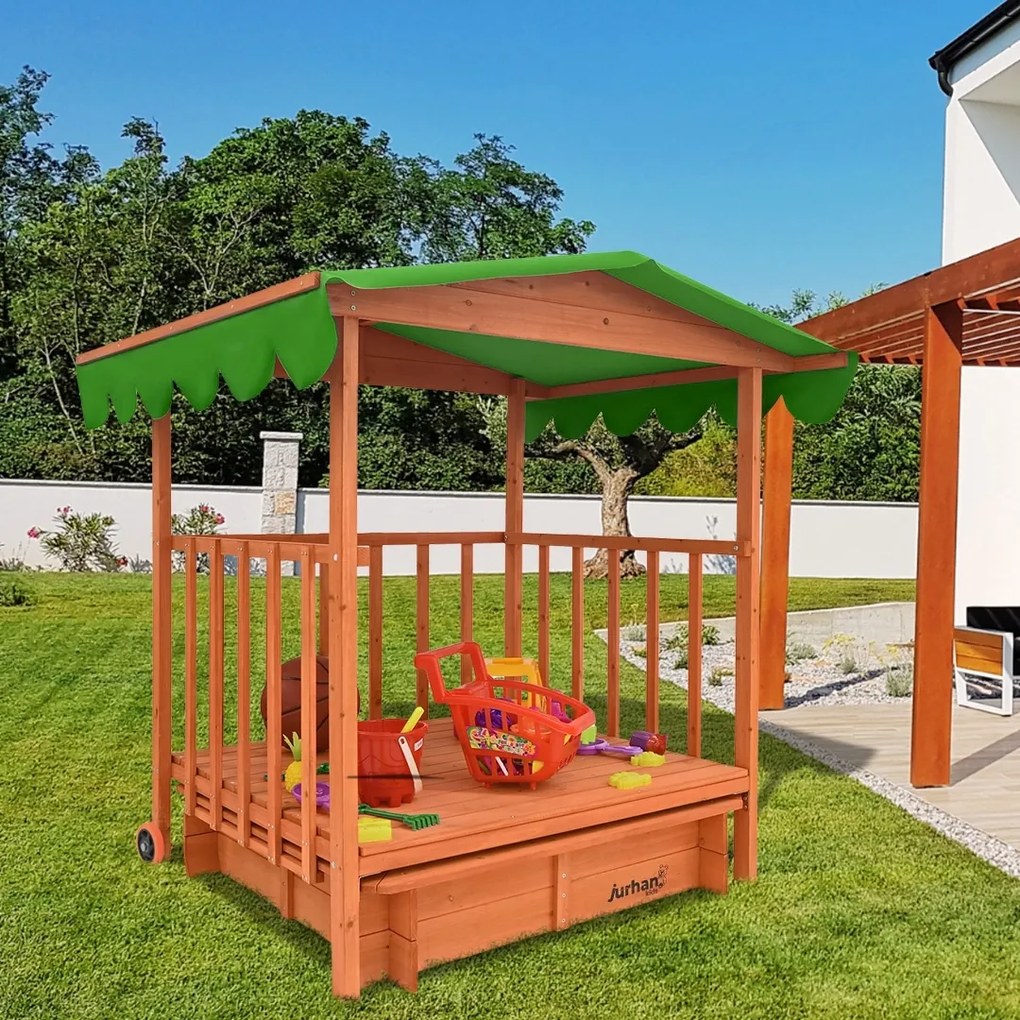 Piaskownica z werandą HAPPY, 130x130x143cm, brązowa/zielona Jurhan
