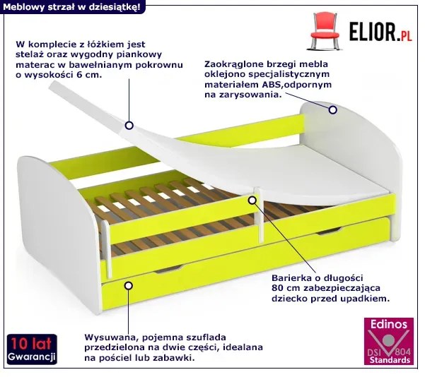 Łóżko dziecięce z barierką białe + limonka - Elea 3X 70x140