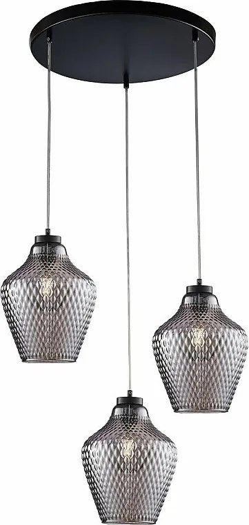 Lampa wisząca Maya z czarnego lakierowanego żelaza, regulowane kable, klosze z lustrzanego szarego szkła dmuchanego z reliefem, 3 światła