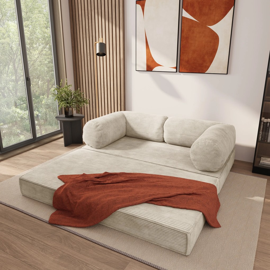 Masseno Sofa piankowa ALVIO z funkcją spania, Kanapa z pianki do salonu, Bezmontażowa, Tkanina sztruksowa – Kremowy POSO 100