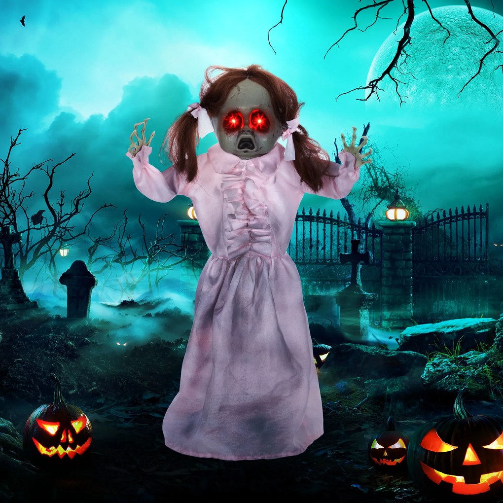 HOMCOM Lalka Horror, Dekoracja Helloween, aktywowana dźwiękiem/dotykiem, czerwone oczy, dźwięk, 76 cm