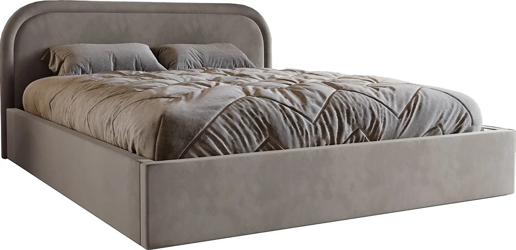 Łóżko z okrągłym zagłowiem 140x200 Dune, dwuosobowe do sypialni, pojemnik, stelaż drewniany - jasnoszary