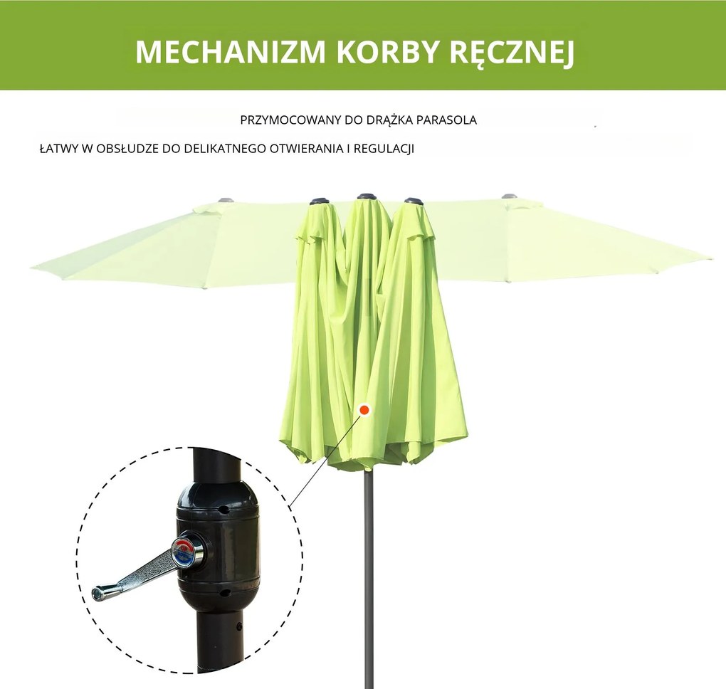 Outsunny Podwójny Parasol Ogrodowy, Parasol na Targi, Parasol Tarasowy z Korbką Ręczną Zielony Owalny 460 x 270 x 240 cm