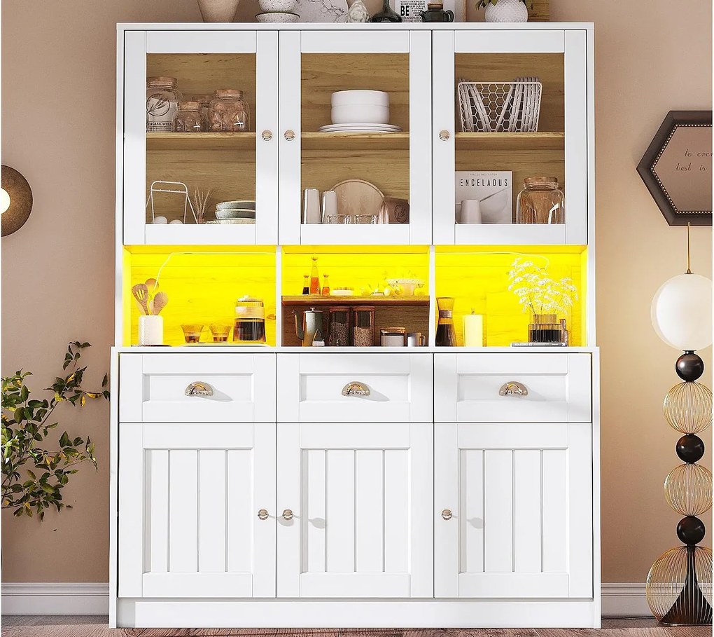 Nowoczesny kredens kuchenny 140x40x175cm - 6 drzwi + 3 szuflady + 9 półek - meble wysokie - z oświetleniem LED - Biały