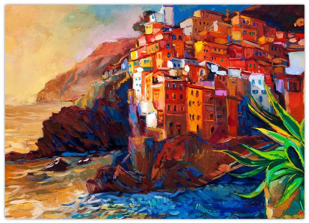 Obraz - Wieś na wybrzeżu Cinque Terre, Włoska Riviera, nowoczesny impresionism (70x50 cm)