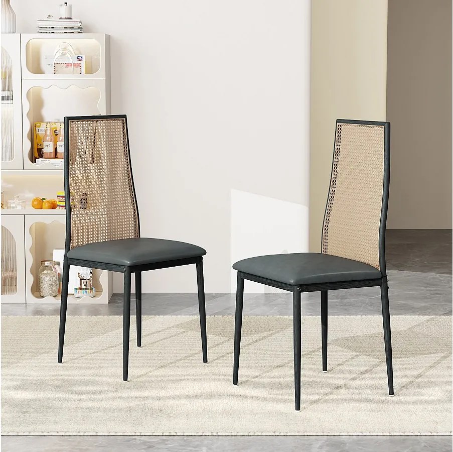 Zestaw 2 designerskich krzeseł do jadalni, skóra ekologiczna, oparcie rattanowe, nogi metalowe, kolor czarny 97,5x44x43 cm