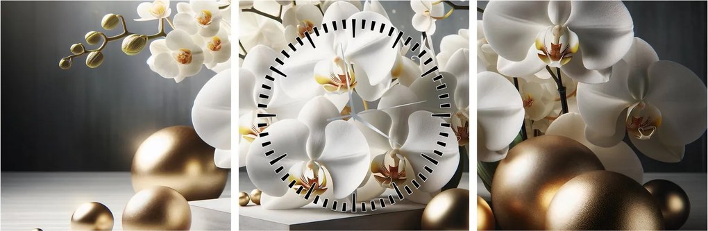Obraz - Orchidea i złote kule (z zegarem) (90x30 cm)