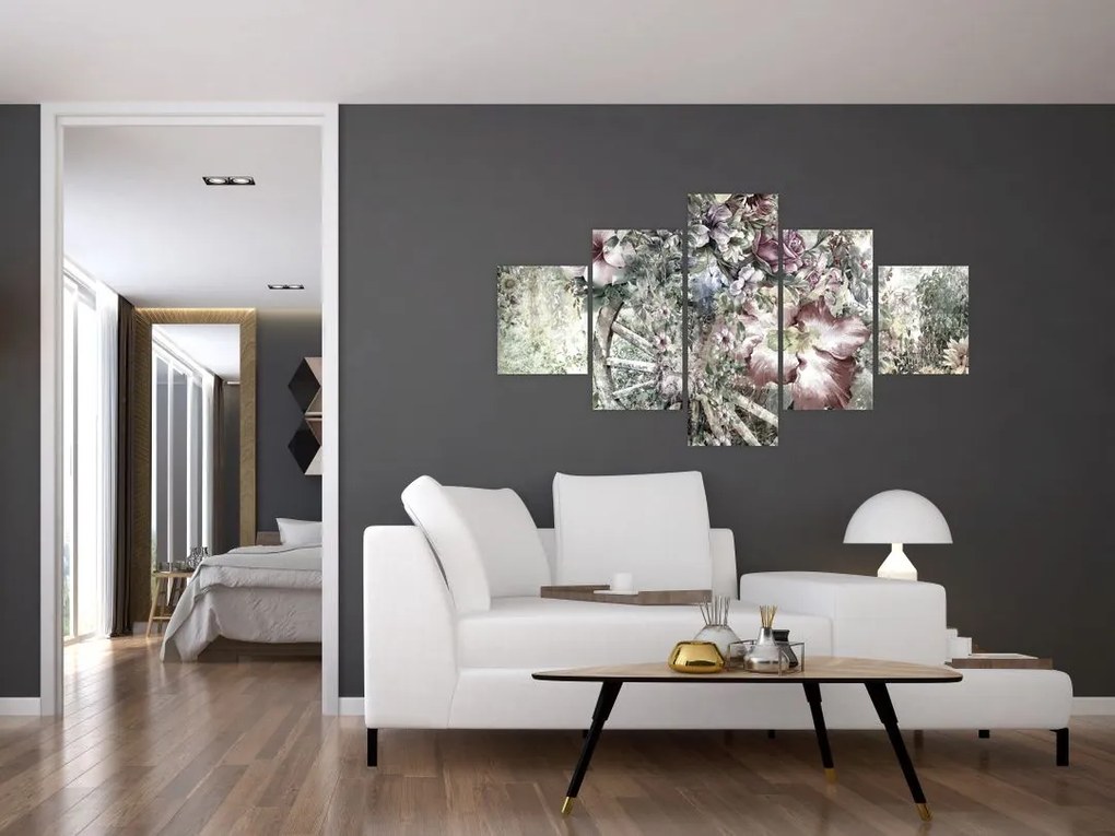Obraz kwiatów na drewnianym kole (125x70 cm)