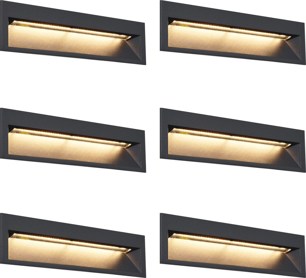 Zestaw 6 Nowoczesnych Opraw Ściennych Wpuszczanych Czarnych 28 cm Z LED IP65 - Mert