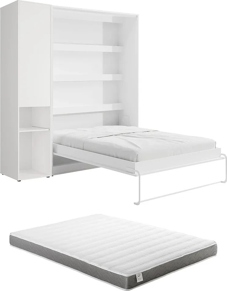 Łóżko chowane w szafie pionowe 140 x 200 cm - 1 kolumna do przechowywania - Z oświetleniem LED - Białe + Materac - RAPILI