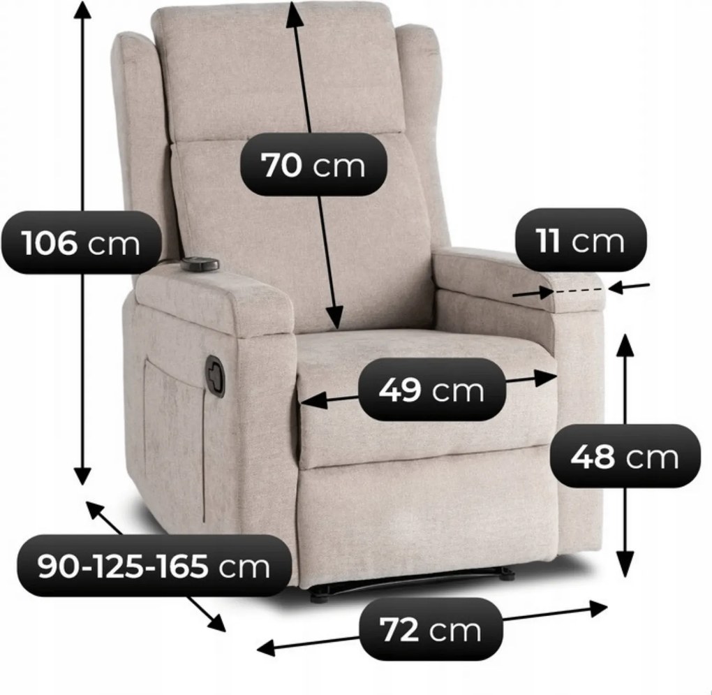 Fotel Masujący SEBASTIAN Rozkładany Wypoczynkowy z Podnóżkiem Beżowy Nowoczesny