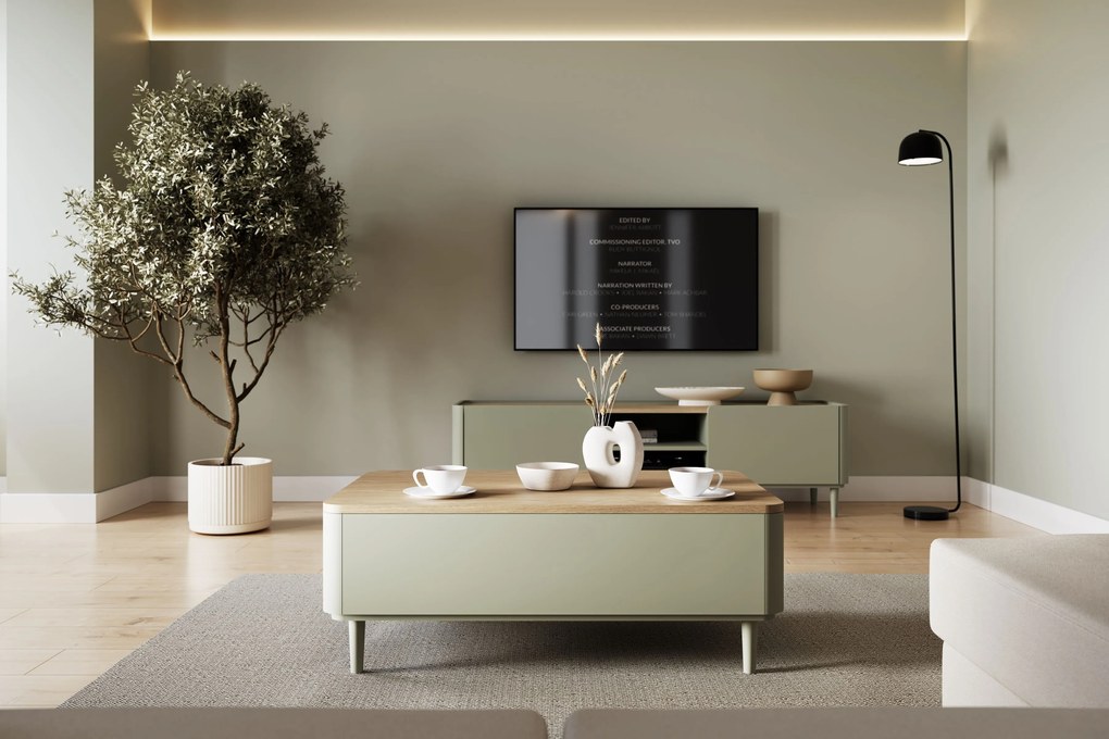 Stolik kawowy Amilio 100 cm z szufladami na nóżkach - eukaliptus / dąb baltic dune