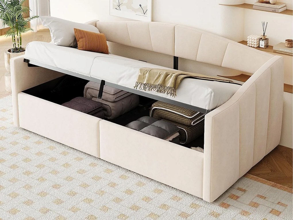 rozkładana sofa z pojemnikiem 90x200cm - stelaż lamelowy - tkanina welurowa - beżowy​ (materac nie jest wliczony w cenę)