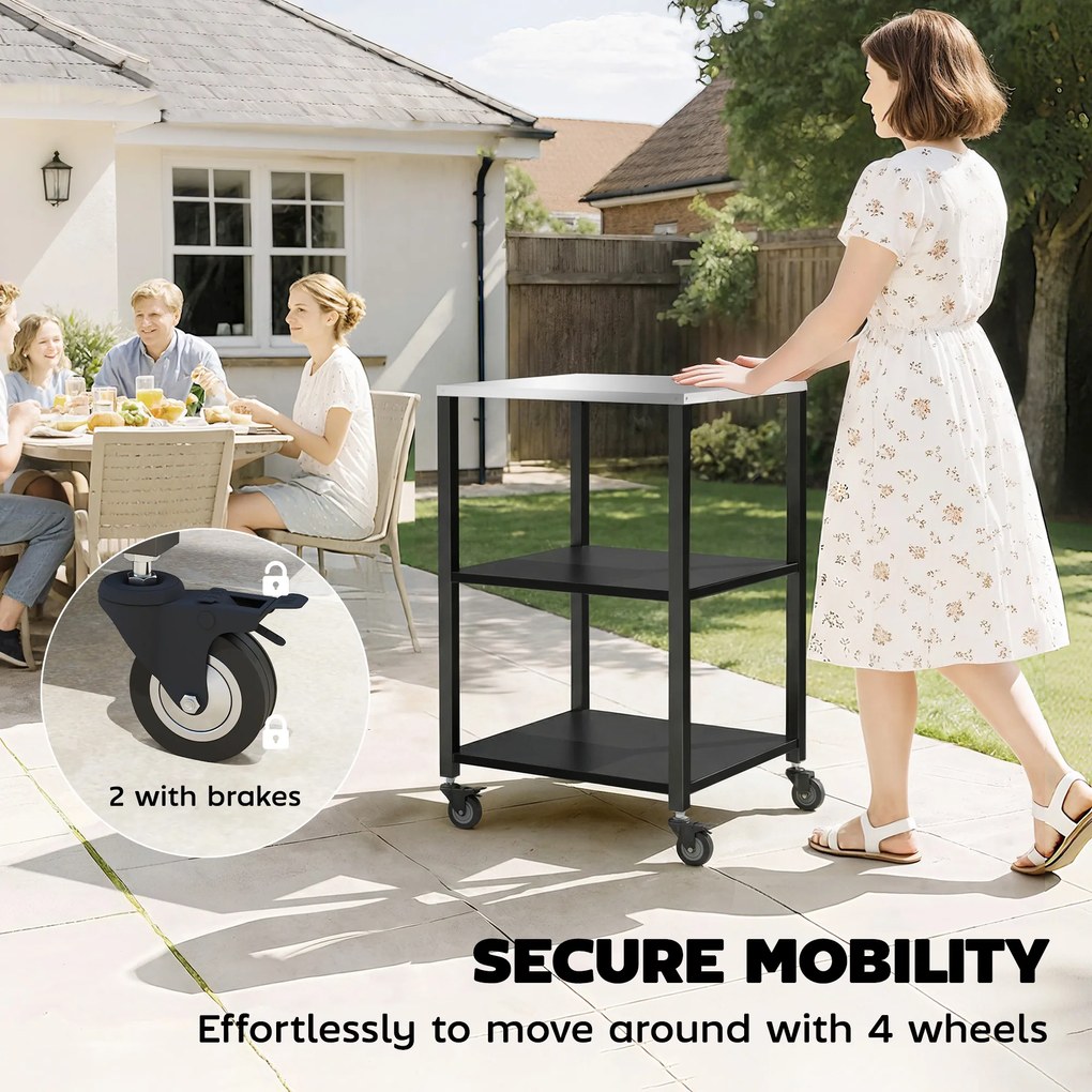 Outsunny Wózek grillowy 3-poziomy stół do grilla ze stalowym blatem mobilny wózek serwisowy 50 x 50 x 90 cm Czarny | Aosom PL