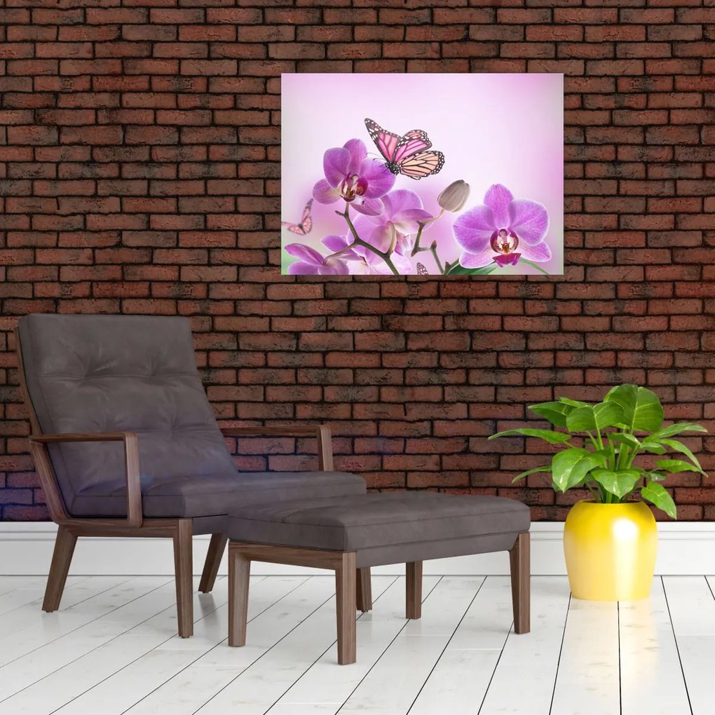 Obraz na szkle - Motyl na kwiatach orchidei, liliowy (70x50 cm)