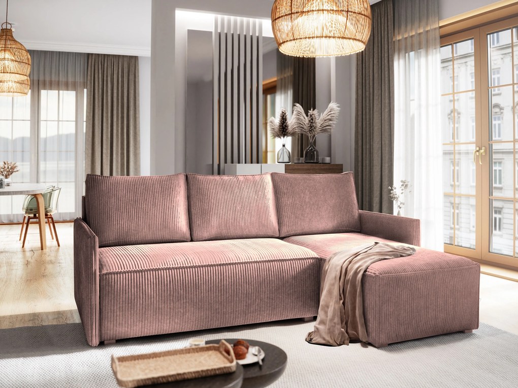 Masseno Narożnik PERUSI z funkcją spania i pojemnikiem na pościel Narozniki L, Rozkładana sofa - Wrzosowy, POSO 130