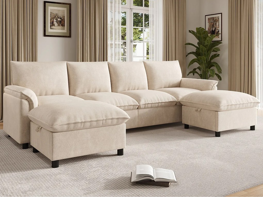 Modułowa sofa w kształcie litery U w stylu cloud - z 2 ruchomymi podnóżkami - z miejscem do przechowywania - tkanina szenilowa - Beżowa