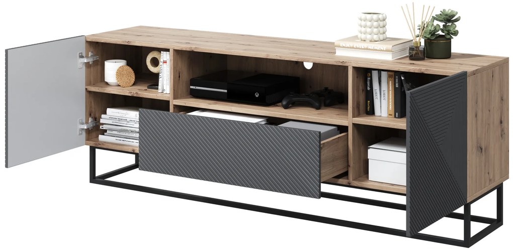Szafka RTV Asha 167 cm z szufladą i metalowym stelażem - artisan / rivier stone mat