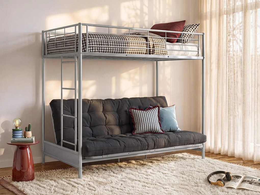 Łóżko na antresoli 90 x 190 cm - Z rozkładaną ławką - Metal - Srebrny + Czarny Futon - MODULO V