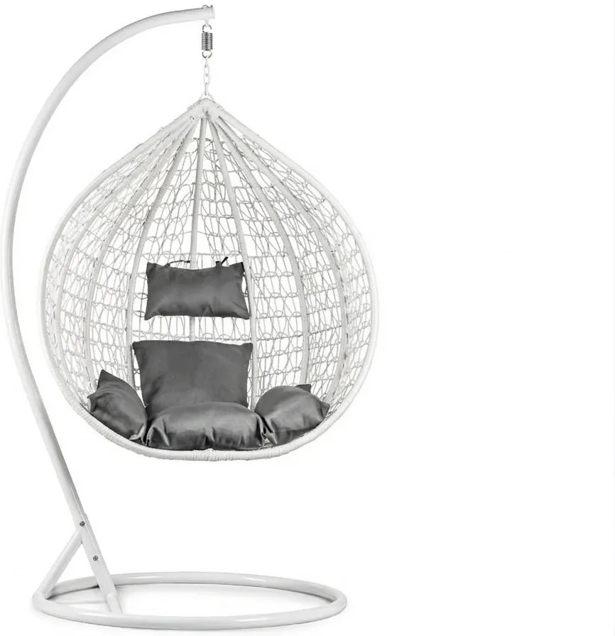 Białe wiszące krzesło KOKON ze stojakiem, szara poduszka