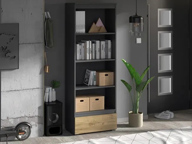 Klasyczny otwarty regał na nóżkach antracyt + dąb craft - Elsinor 5X