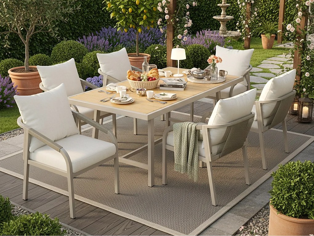 Zestaw jadalniany ogrodowy na 6 osoby - 6 fotele - 1 stół - konstrukcja z żelaza ocynkowanego - z plecionego sznurka - z tworzywa drewnopodobnego, Khaki i beżowy