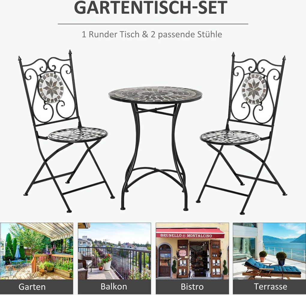 Outsunny Garten Sitzgruppe 3-teilige Mosaiktisch Essgruppe Gartenmöbel-Set 1 Tisch+2 faltbare Stühle Garten Metall Keramikfliese Mehrfarbing | Aosom.pl