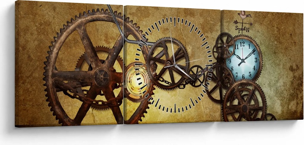 Obraz starych mechanizmów zegarowych (z zegarem) (90x30 cm)
