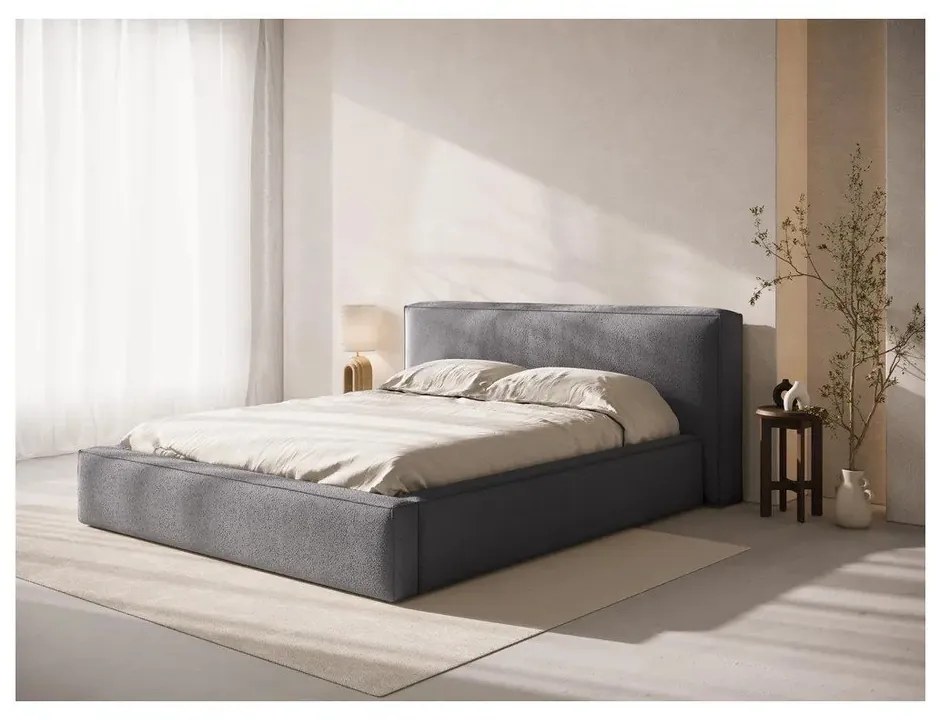 Ciemnoszare tapicerowane łóżko dwuosobowe ze schowkiem ze stelażem 160x200 cm Simon Olivia – Micadoni