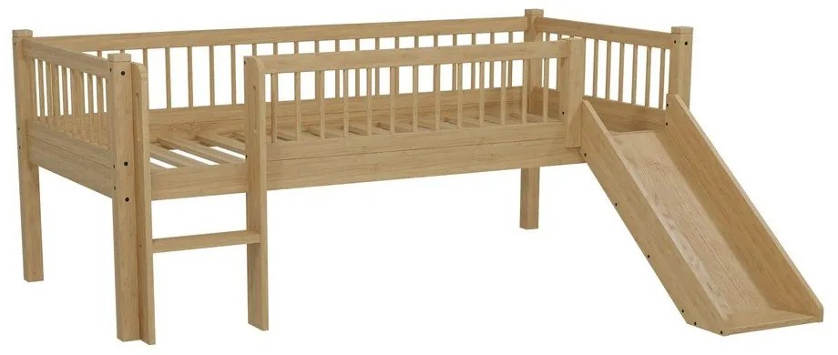 Podwyższone łóżko dziecięce z litego drewna bukowego ze zjeżdżalnią ze stelażem 90x200 cm w naturalnym kolorze Forrest – Vipack
