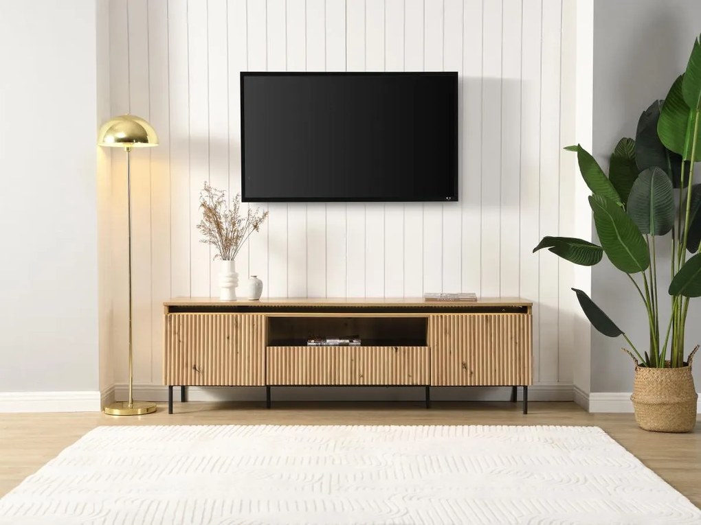 Szafka RTV z 2 zamykanymi schowkami, 1 szufladą i 1 wnęką z MDF i metalu - Z oświetleniem LED - Naturalny i Czarny - VIDALEO