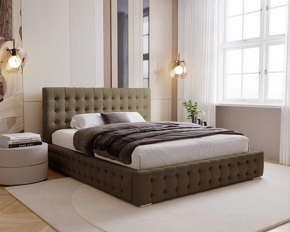 BESILIO Łóżko tapicerowane pikowane 200x200 Palmo - łóżko z pojemnikiem chesterfiled, pikowane guziki - Brązowy