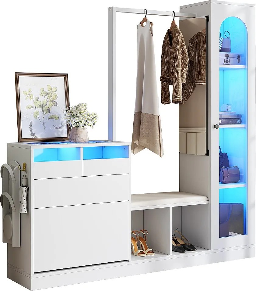 Szafa 6 w 1 - 163 x 35 x 161 cm - lustro + ława i szafka na buty + witryna + diody LED - płyta wiórowa - biała