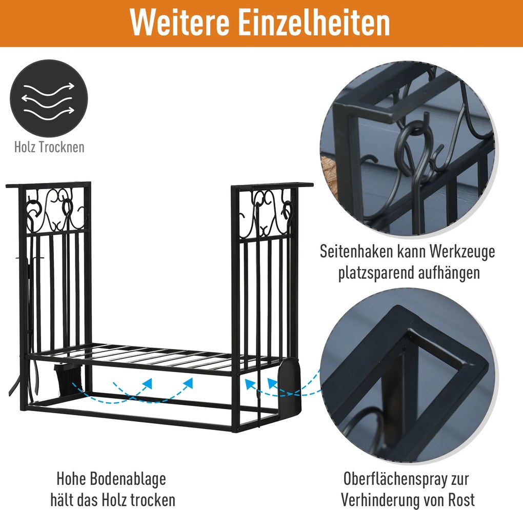Stojak na drewno kominkowe HOMCOM z akcesoriami, regał na drewno, podstawka na drewno kominkowe, narzędzia kominkowe, Stal Czarny 75 x 30 x 60 cm