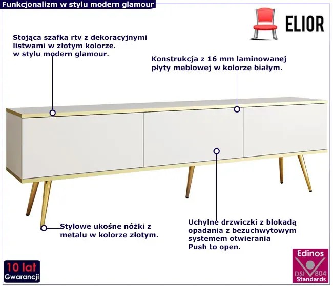 Stojąca długa szafka rtv glamour biały + złoty - Ormond 9X