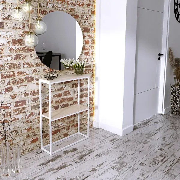 Wąska konsola z półkami biały + dąb sonoma D2-K73