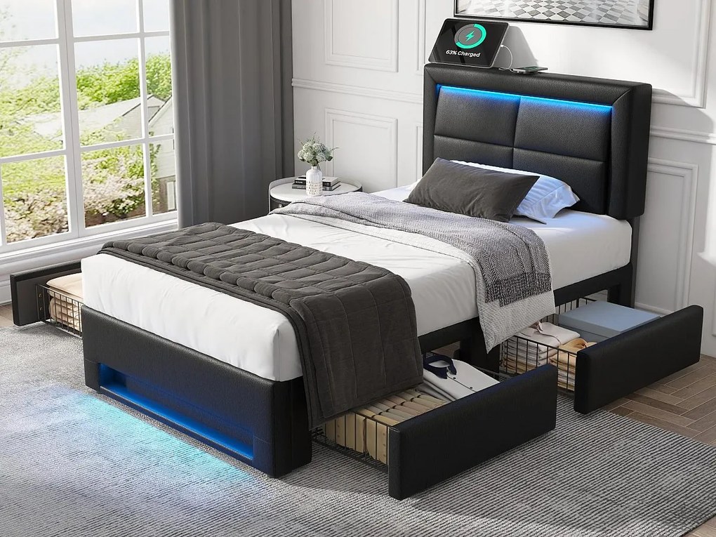 Łóżko z szufladami 90x190 cm z ekoskóry - z LED i portami do ładowania (przewodowymi i bezprzewodowymi) - Czarne