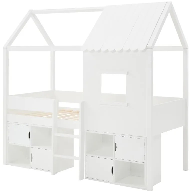 Łóżko podwyższone domek 90 x 190 cm - Drewno sosnowe i MDF + Materac - Biały – VALESKIA