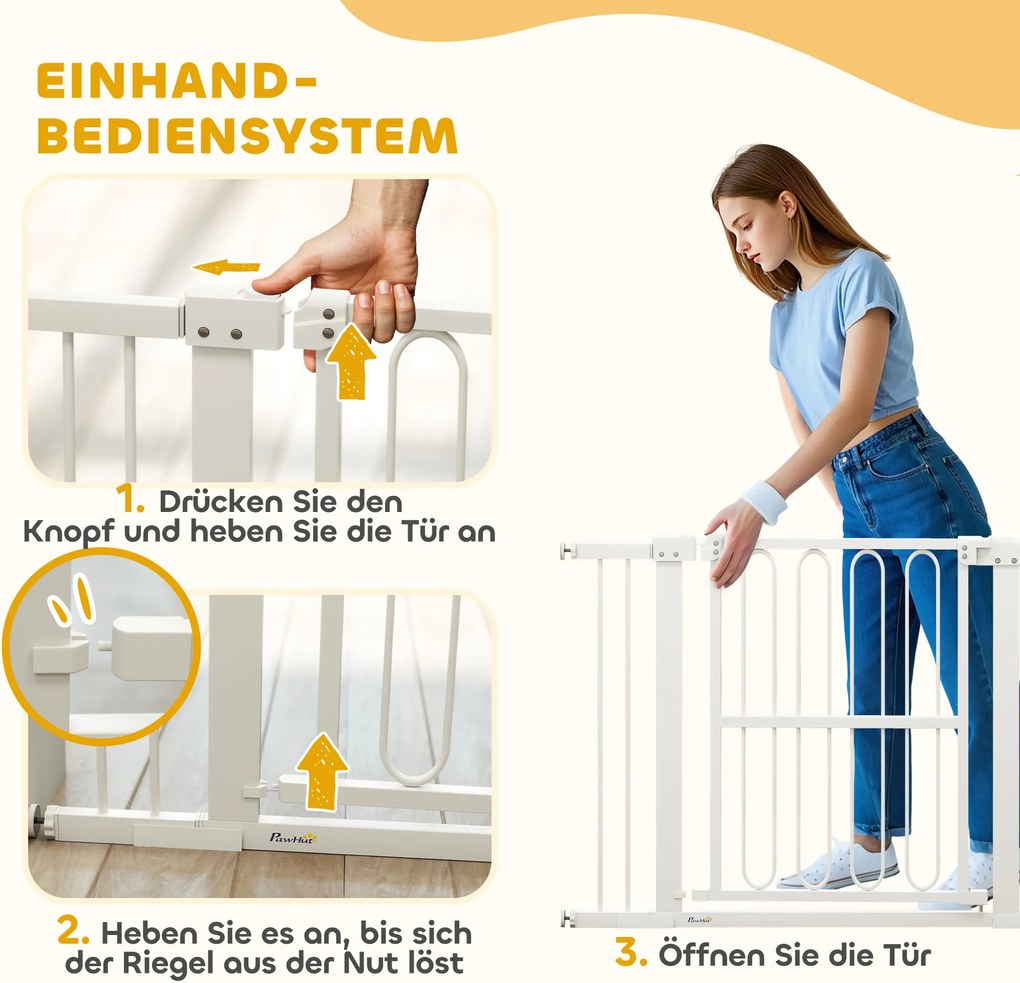 PawHut 76 cm wysokości bramka dla zwierząt do ram drzwi, korytarzy i schodów, 76-104 cm szerokości, Metal i Plastik, Biały