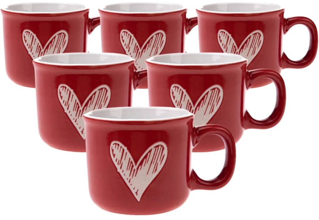 Zestaw 6 ceramicznych kubków Serce I, 90 ml,czerwone