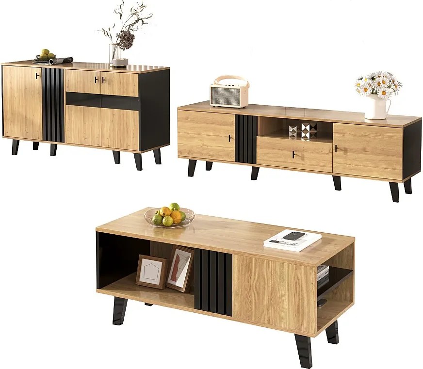 Zestaw mebli do salonu 3-częściowy - stolik kawowy + szafka RTV + kredens - szkło + płyta wiórowa - naturalny