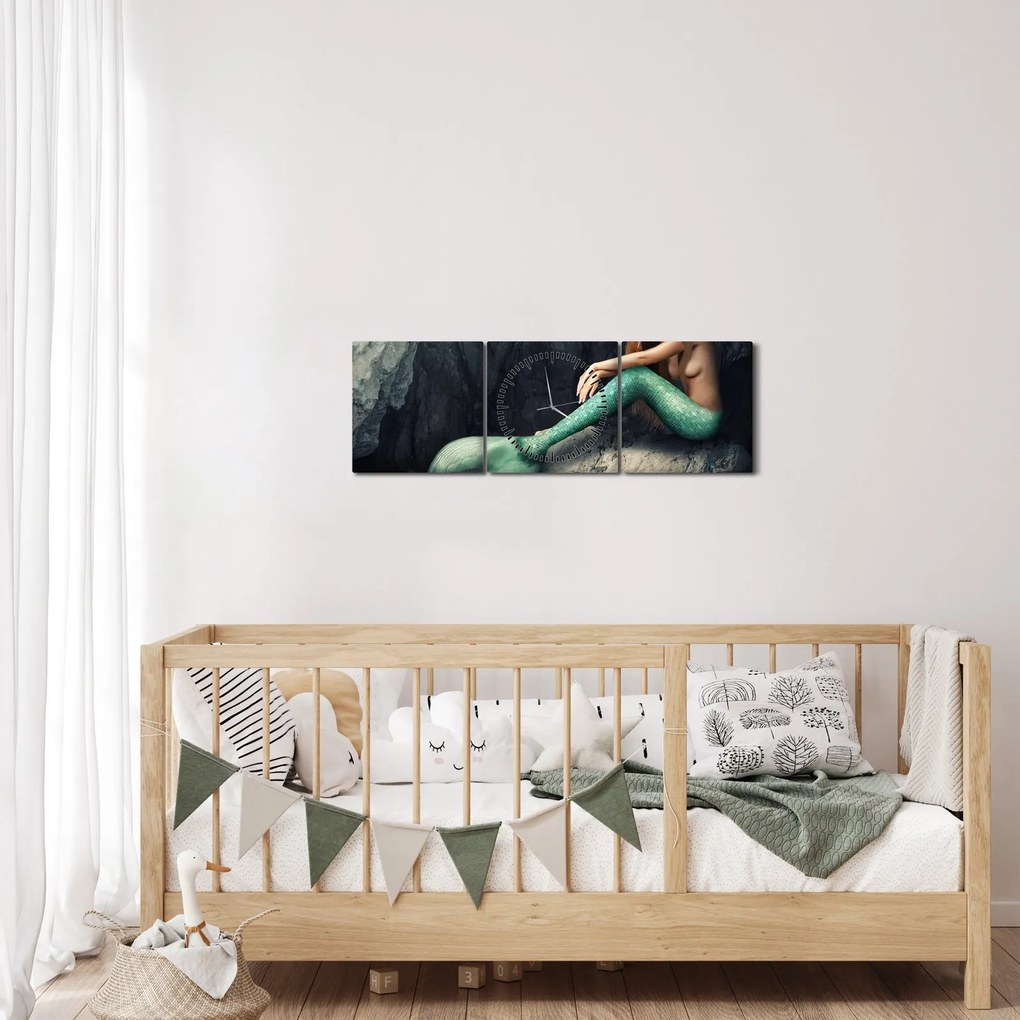 Obraz - Syrenka na skale (z zegarem) (90x30 cm)
