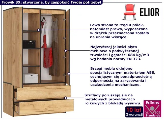Szafa dwudrzwiowa na ubrania dąb craft F5-H14