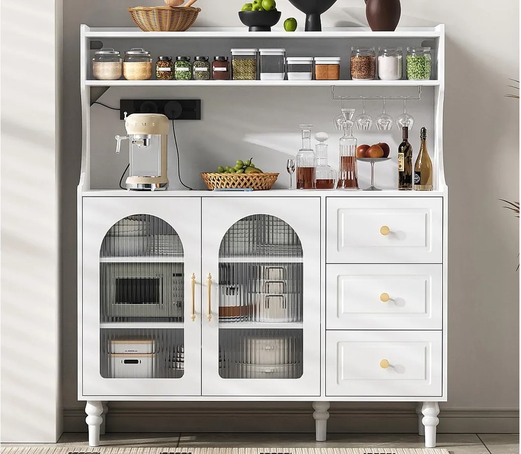 Nowoczesny bufet kuchenny 120x40x138.5cm - z gniazdkiem i uchwytami do kieliszków do wina - z 3 szufladami i 2 drzwiami - Biały