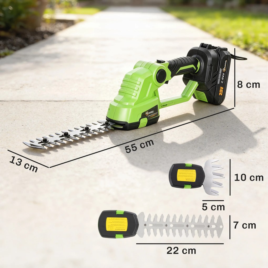 Outsunny 2-w-1 Akumulatorowe nożyce do żywopłotu i krzewów z długością cięcia 20/10 cm, ładowarką | Aosom PL