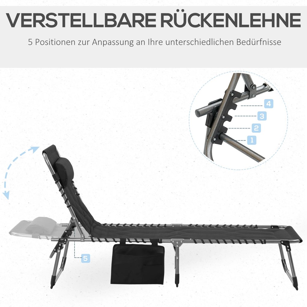 Outsunny leżak z regulowanym oparciem i miękką poduszką, kolor czarny, 188 x 57 x 30 cm