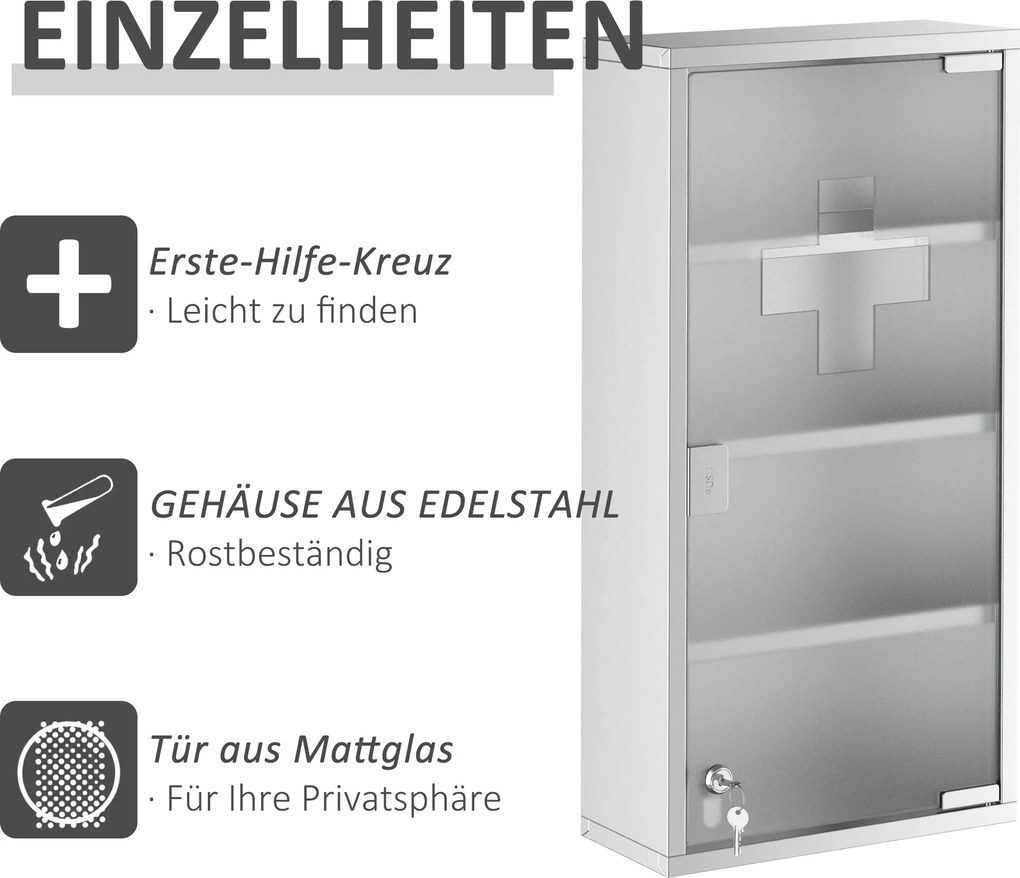 HOMCOM Szafka Medyczna Wisząca 4 Półki Zamykana na Leki Stal Nierdzewna Szer 30xGł 12xWys 60cm Srebrna | Aosom PL