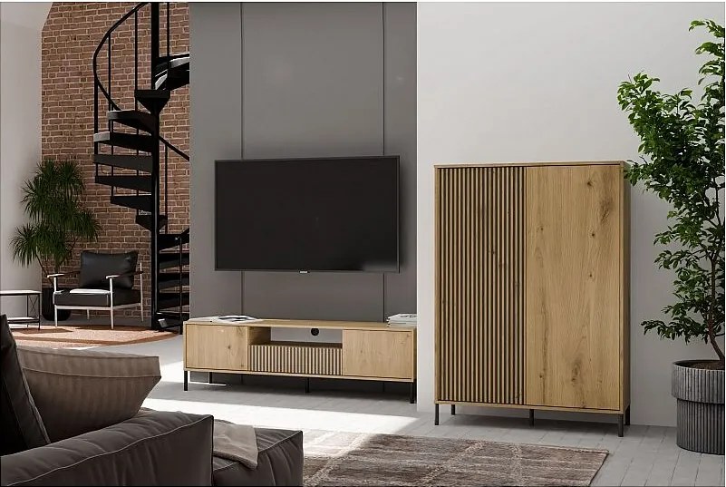 SZAFKA RTV KAMARO | Dąb Artisan |  164x40x47 cm | Ryflowane Fronty