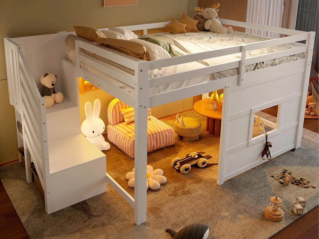 Łóżko na antresoli 140x200cm - z drabiną z pojemnikami i oknem - z LED - Barierka bezpieczeństwa - MDF - Biały​ (bez materaca)