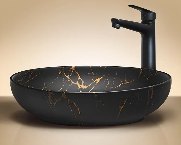 Czarna okrągła ceramiczna umywalka nablatowa B1-R56